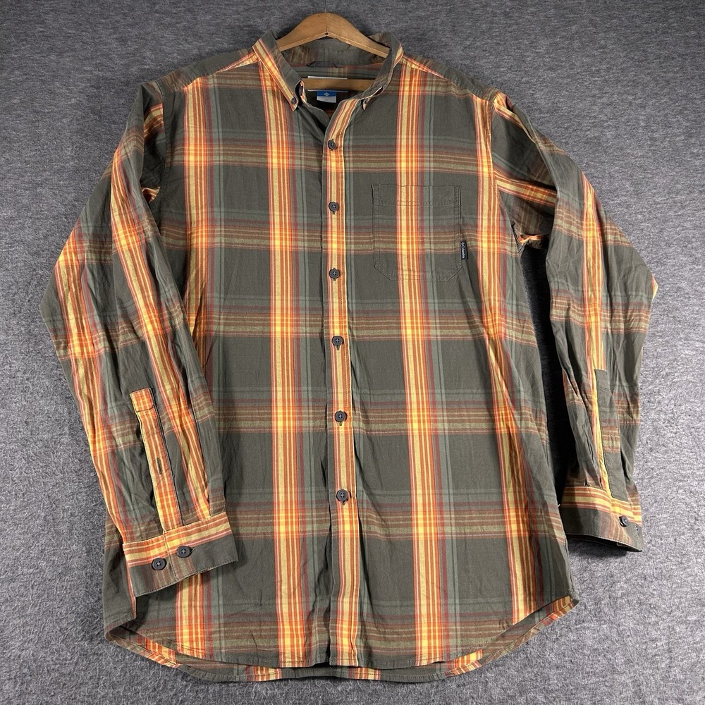 Columbia Mens SZ L Tall Long Sleeve Button Down Orange Brown Plaid Fall Outdoor
